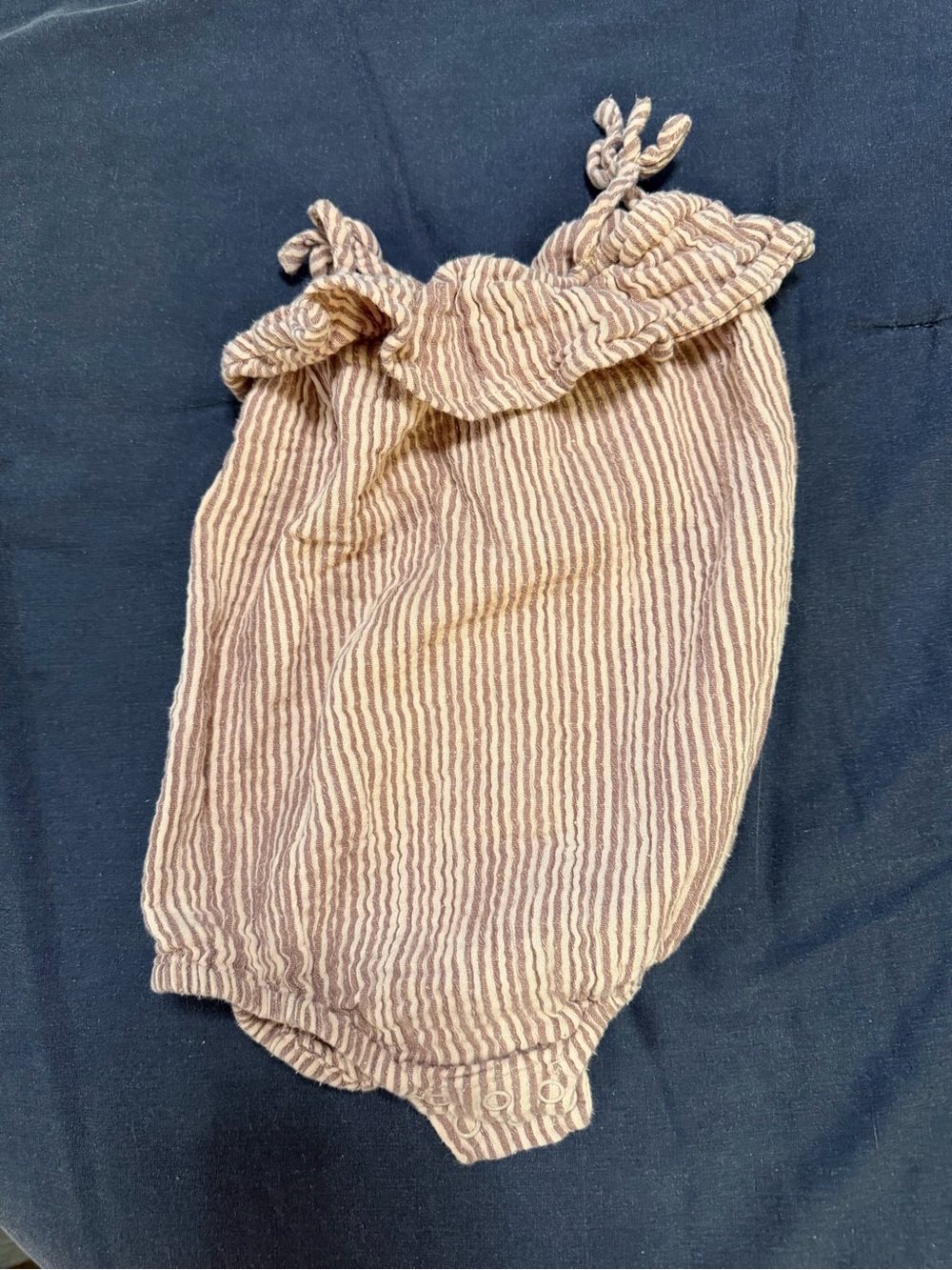 Rise Little Earthling Striped Baby Romper in burgundy and pink